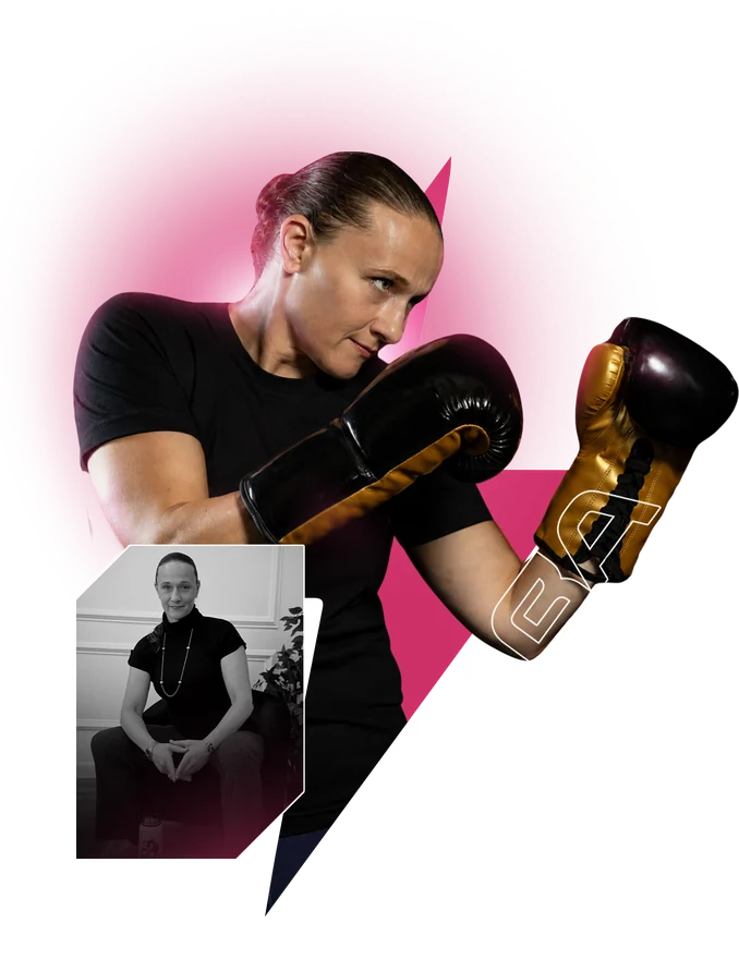 Carmen &ldquo;The Momba&rdquo; Gulliksen in boxing gloves, with an inset of her in professional dress