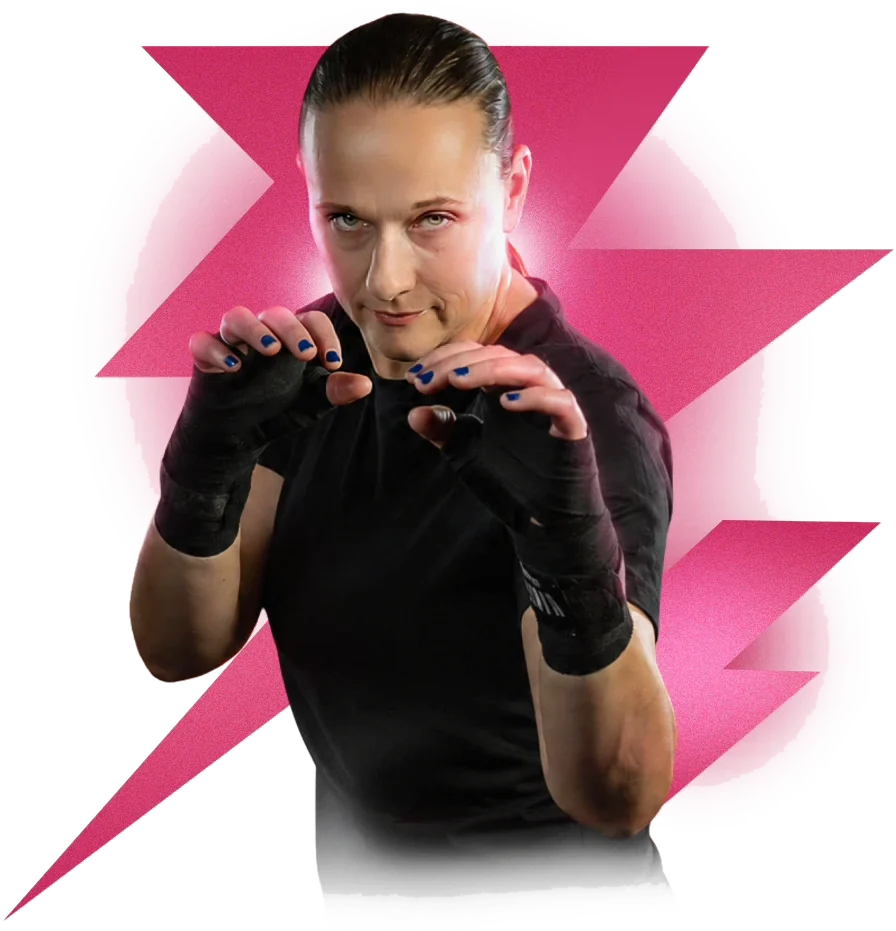 Carmen &ldquo;The Momba&rdquo; Gulliksen in a guard stance, hands wrapped