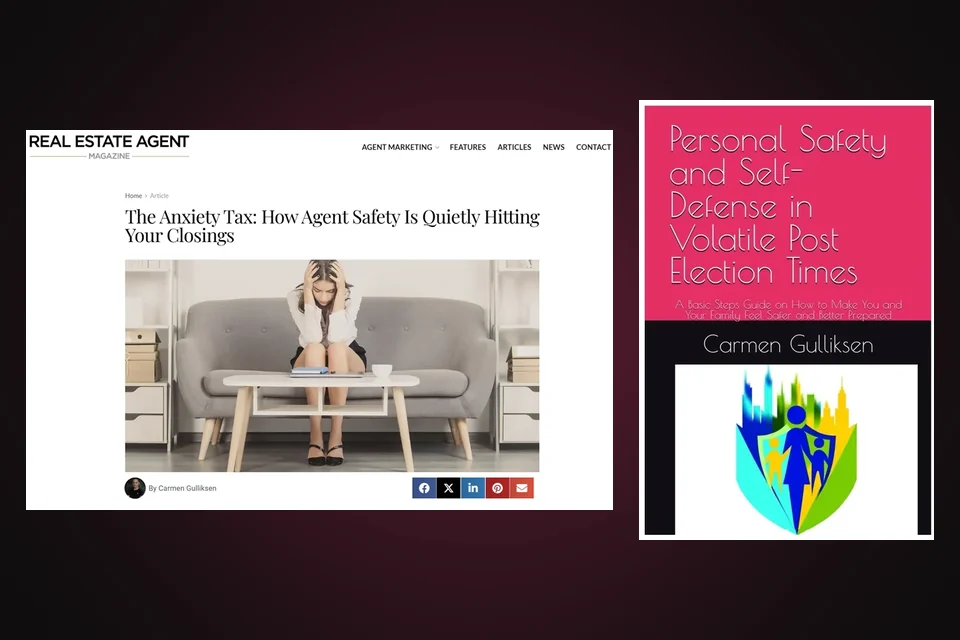 The Anxiety Tax article in Real Estate Agent Magazine beside the cover of Carmen Gulliksen&rsquo;s book